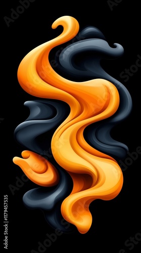 Abstract vector illustration of yellow and orange flames against a black background, with a 3D rendering, asymmetrical composition, playful use of shapes, bold forms, and fluid lines.