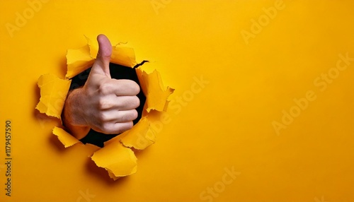 Hand showing a thumb up sign through a ripped hole in yellow paper wall. Well done, good job concept.