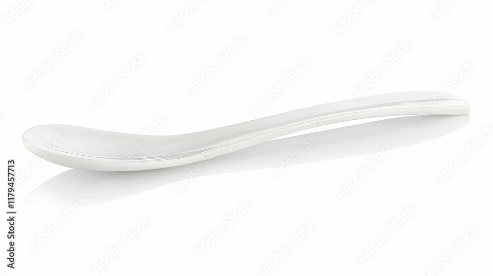 White ceramic spoon on white background, studio shot, reflection visible, for food or culinary websites. White ceramic spoon on white background, studio shot, reflection visible, for food or culinary websites.