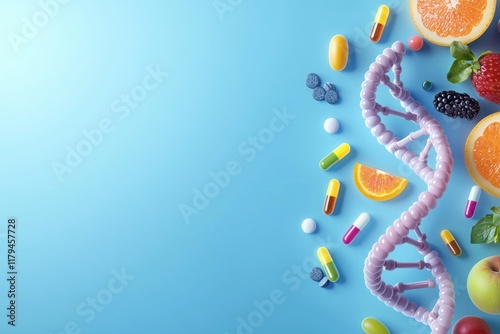 Intertwined dna helix and vibrant fruits health and science visual art bright blue background aesthetic composition