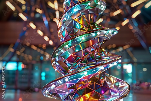 A metallic, spiral-shaped Christmas tree with synchronized LED lights forming geometric patterns.