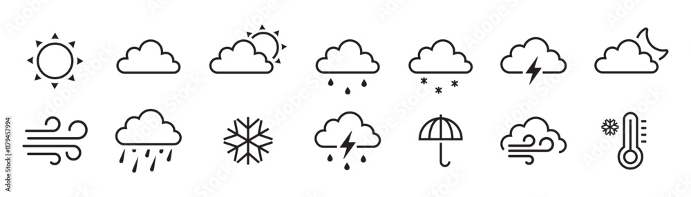 Weather web icon set in line style. Weather , clouds, sunny day, moon, snowflakes, wind, sun day. Forecast weather flat symbols. Pictogram vector illustration.
