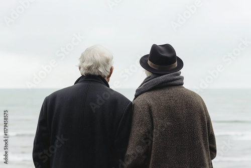 an elderly couple stands by the ocean, wathing the horizon with seagulls flying above, capturing a moment of serene companionship photo