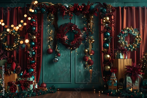 A festive scene with decorations in shades of burgundy and teal, including garlands, wreaths, and lights,