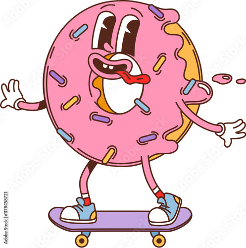 Cartoon groovy fast food donut character on skate. Street cafe pastry meal funny mascot, takeaway sweets or restaurant dessert food groovy isolated vector personage. Donut with icing skating character