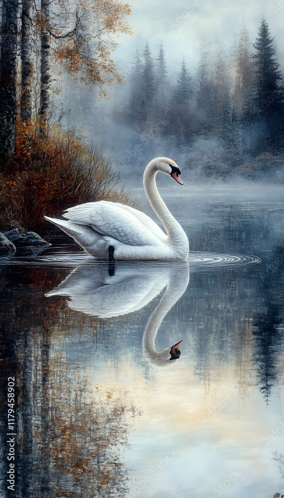 Fototapeta premium Serene swan gracefully gliding on a misty lake, reflected perfectly in tranquil waters, surrounded by autumnal trees.