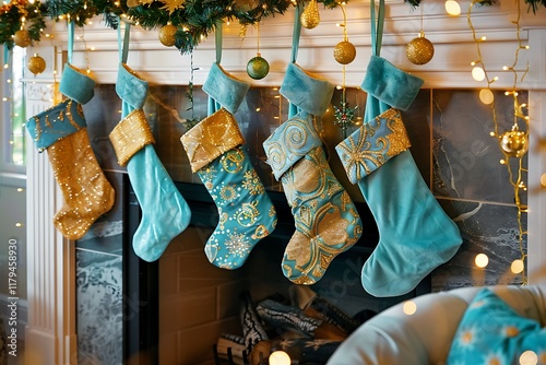 A fireplace mantel decorated with turquoise and gold Christmas stockings, garlands, and fairy lights,