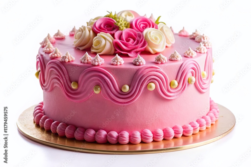 Delicious Pink Birthday Cake Isolated on White Background - Stock Photo Delicious Pink Birthday Cake Isolated on White Background - Stock Photo