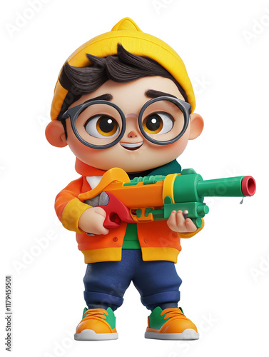 A cute cartoon character wearing round glasses, a yellow beanie, and an orange jacket holds a colorful toy water gun. The 3D render features an adorable. PNG format.