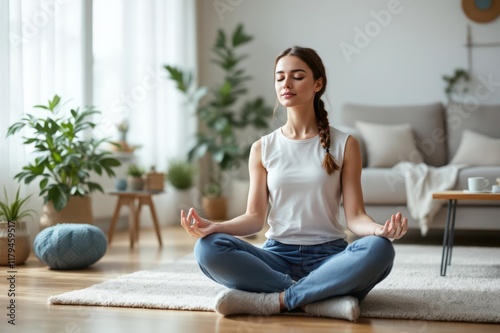 Low section of caucasian young woman meditating while sitting on floor in modern living room. copy space photo