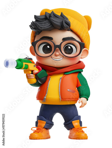 A cute cartoon character wearing round glasses, a yellow beanie, and an orange jacket holds a colorful toy water gun. The 3D render features an adorable. PNG format.