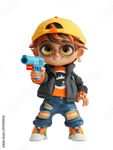 A cute 3D cartoon character with round glasses, yellow cap, and orange hair holds a blue toy gun. Wearing black jacket, orange t-shirt, ripped jeans and colorful sneakers. PNG format