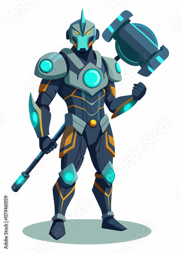 Futuristic armored man holding a giant energy hammer. Vector illustration of a powerful warrior character for gaming design