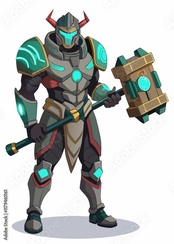 Futuristic armored man holding a giant energy hammer. Vector illustration of a powerful warrior character for gaming design
