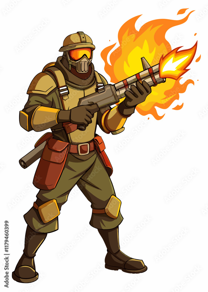 Fototapeta premium Flames shooting from a giant flamethrower held by a male soldier in protective gear. Isolated vector character for gaming