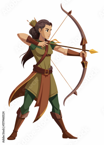 Female archer with a longbow aiming with a powerful arrow ready to shoot. Gaming character, vector illustration, isolated on white.