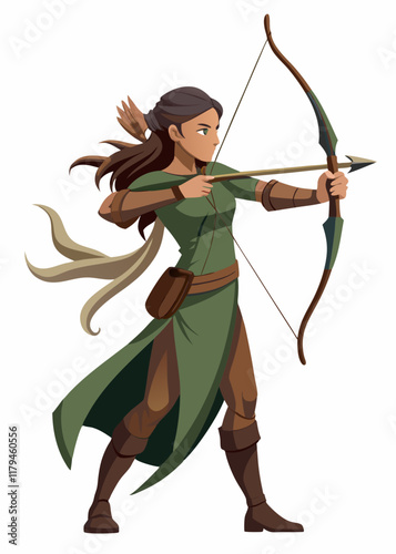 Female archer with a longbow aiming with a powerful arrow ready to shoot. Gaming character, vector illustration, isolated on white.