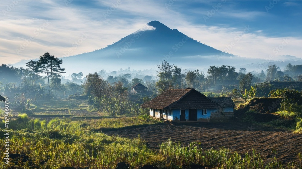 A serene landscape featuring a mountain backdrop with a rustic house amidst lush greenery. A serene landscape featuring a mountain backdrop with a rustic house amidst lush greenery.