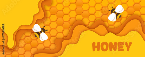 Paper cut honey bee banner with hexagonal honeycomb pattern, flowing golden layers and buzzing bee insects. 3d vector background emphasizes natural sweetness, beekeeping and apiary ecological products