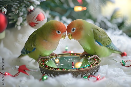 A pair of lovebirds playing with a holiday-themed mirror toy,