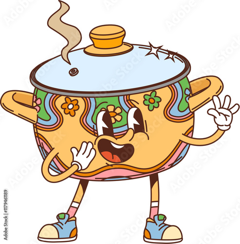 Groovy saucepan retro cartoon character of kitchen pot casserole, vector kitchenware utensil. Funny groovy saucepan or cooking pot with funky face and boiling steam for kitchenware utensil character