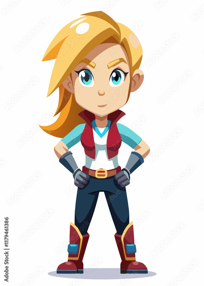 Blonde female girl character in casual clothes standing, isolated gaming style blond girl character, vector illustration of a young woman in casual attire. Blonde female girl character in casual clothes standing, isolated gaming style blond girl character, vector illustration of a young woman in casual attire.