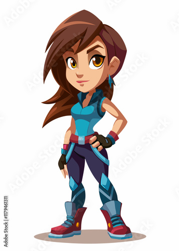 Ilustración vectorial de estilo de juego de personaje femenino, pose aislada, diseño moderno, personaje femenino lleno de acción en pose dinámica