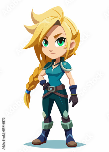 Blonde female girl character in casual clothes standing, isolated gaming style blond girl character, vector illustration of a young woman in casual attire.