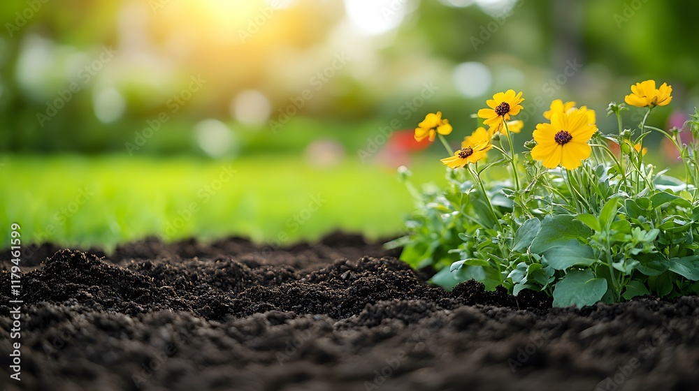 Preparing flower beds, vibrant yellow blooms contrast with rich brown soil under warm sunlight, evoking a sense of growth and renewal. Preparing flower beds, vibrant yellow blooms contrast with rich brown soil under warm sunlight, evoking a sense of growth and renewal.