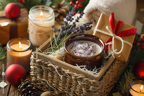 A beautifully arranged Christmas spa gift basket with lavender body scrub, vanilla body butter, and a festive candle.