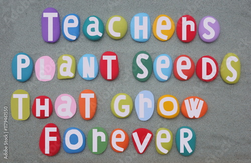 Teachers plant seeds that grow forever, educational slogan composed with multi colored hand painted stone letters over green sand