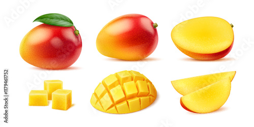 Realistic ripe raw mango fruit whole and cut in pieces or cubes, vector objects. 3D or realistic mango whole or cut in half and lumps for juice flavor, jam or marmalade and sweet dessert food package