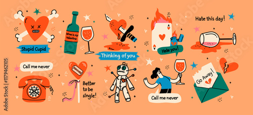 Groovy valentine s day greeting cards with funny quote and illustrations. Anti Valentines day poster for t shirt design, textile print and gifts design. Vector illustration.