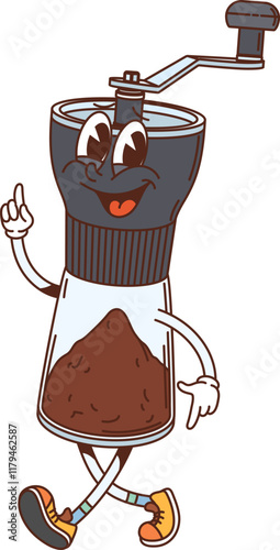 Retro groovy coffee grinder mill character for kitchenware and utensil, cartoon vector. Funny groovy coffee grinder or pepper mill with funky smile on face for kitchen utensil or kitchenware character
