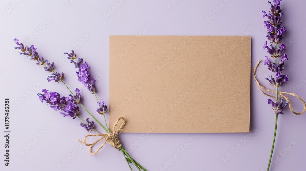 Blank kraft card with lavender and twine bow, mockup Blank kraft card with lavender and twine bow, mockup