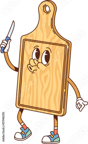 Groovy cutting board retro character for kitchenware utensil, cartoon vector. Funny groovy wooden board with knife for chopping, happy face and funky whistling for kitchenware utensil character