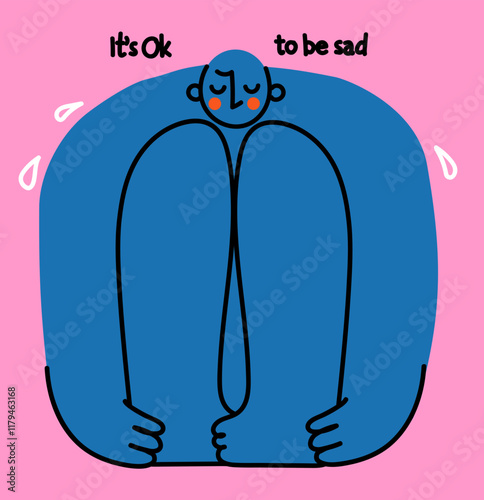 Mental health, psychology concept. Self love, mind care, help, acceptance. It's Ok to be sad. Cute disproportionate isolated character inscribed in a square, vector illustration