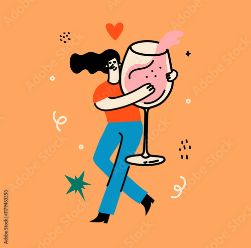 Vector doodle illustration of a young woman with a glass of red wine in a romantic setting celebrates Valentine's Day alone and in harmony with herself.