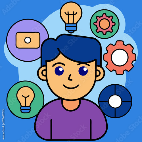 User being inspired by the possibilities of an app. Cartoon style. Vector illustration.