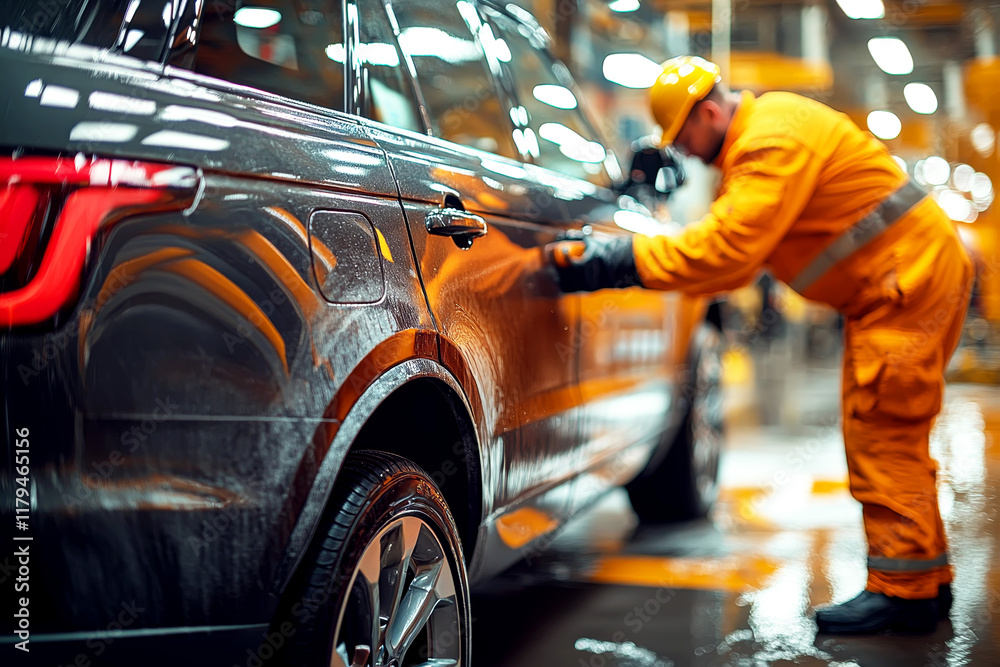 Obraz premium Worker detailing black SUV in workshop, emphasizing precision and professional auto care.