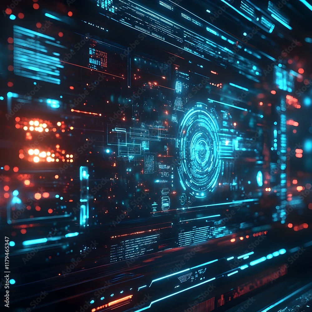 A futuristic holographic interface with floating digital elements and data streams. A futuristic holographic interface with floating digital elements and data streams.