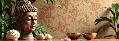 A bronze Buddha head statue with serene expression surrounded by seashells and golden bowls, set against a textured background with lush green leaves for a calming ambiance