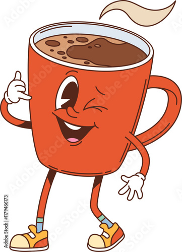 Cartoon groovy hot coffee drink mug character. Cafe hot chocolate or cacao cartoon isolated vector funny personage. Breakfast coffee drink ceramic cup winking groovy character showing call me sign