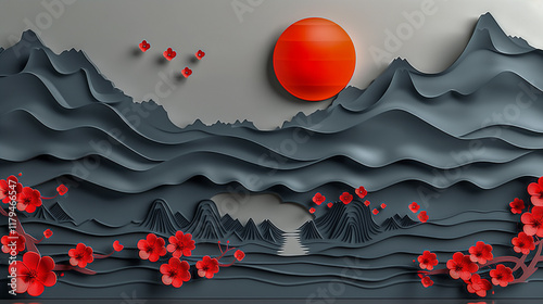 Elegant Paper-Cut Landscape with Blossoms and Sun.. photo