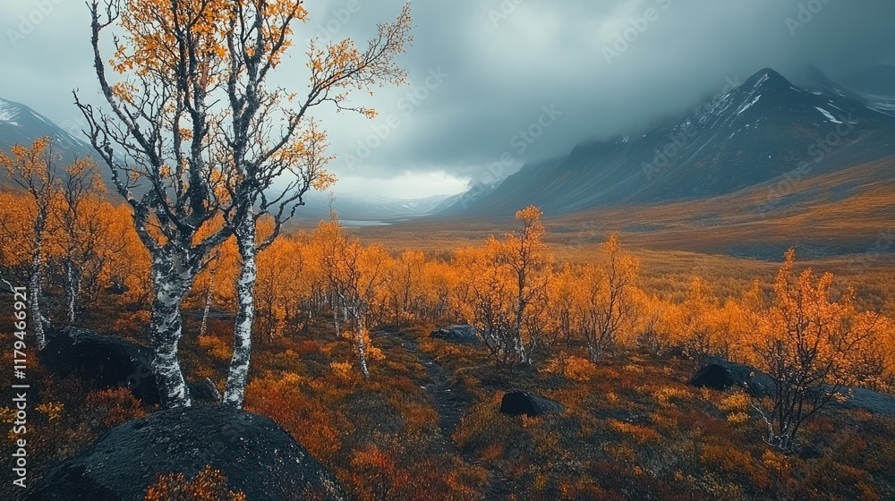 Fototapeta premium A serene landscape showcasing vibrant autumn foliage against a dramatic mountainous backdrop.