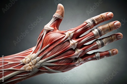 Detailed Close-up of Human Hand Palm Anatomy, Showing Bones, Muscles, and Tendons photo