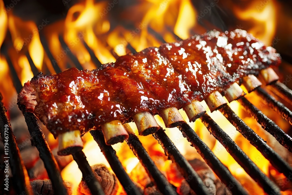 Grilled ribs with sauce sizzling on barbecue, showcasing delicious smoky flavors. Grilled ribs with sauce sizzling on barbecue, showcasing delicious smoky flavors.