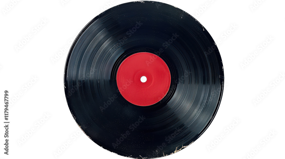 A classic vinyl record with a bright red label, showcasing its vintage charm and intricate grooves against a plain background on transparent background A classic vinyl record with a bright red label, showcasing its vintage charm and intricate grooves against a plain background on transparent background