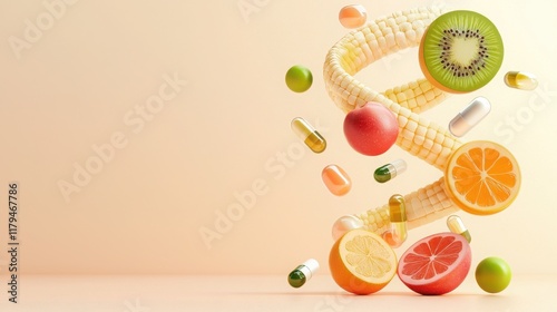 Floating fruit dna capsules in a creative composition studio environment artful display aesthetic viewpoint vibrant concept photo