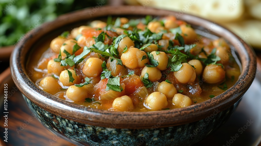 Close-up of a bowl of chickpea curry, garnished with fresh herbs. Close-up of a bowl of chickpea curry, garnished with fresh herbs.